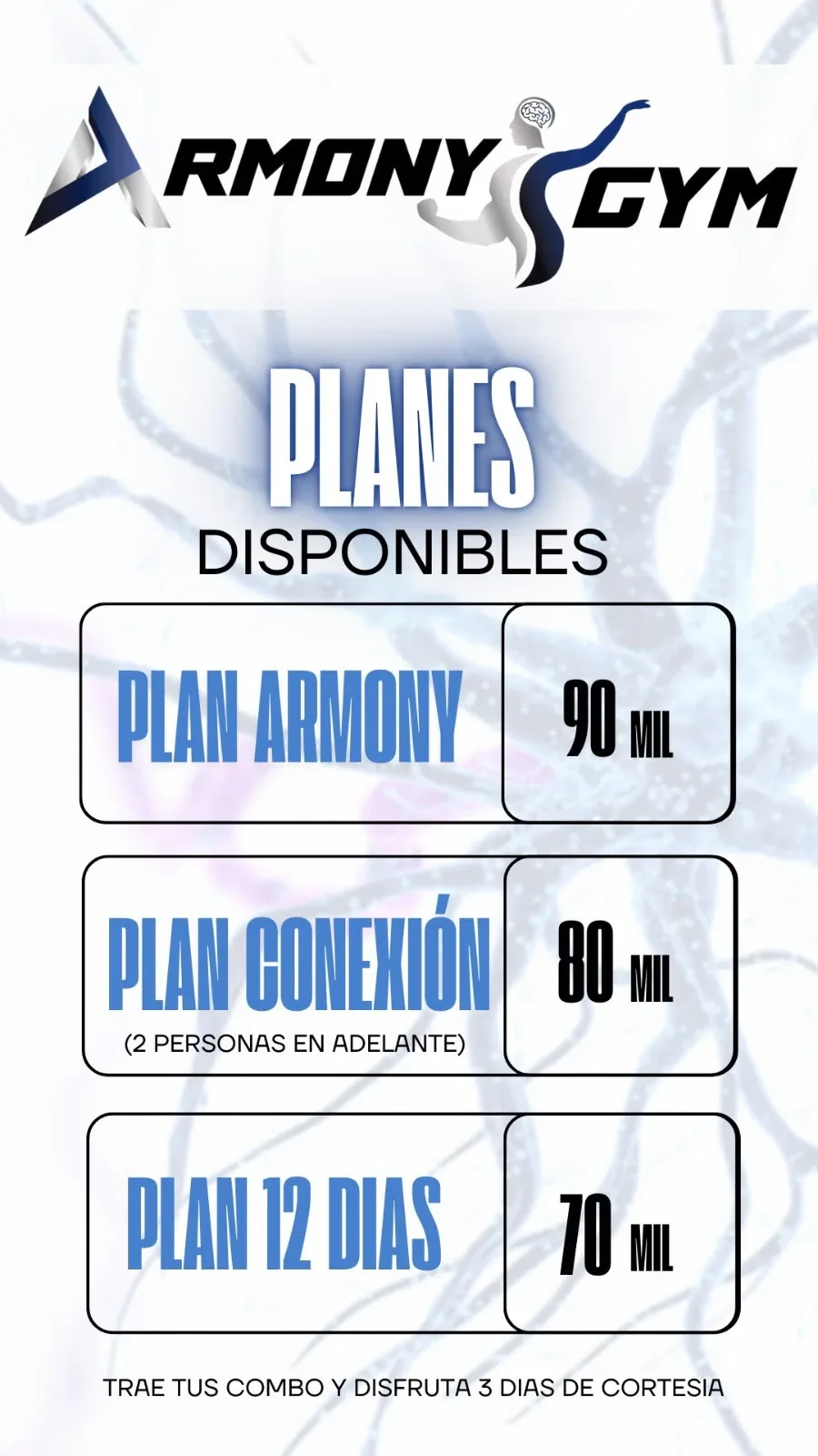 Planes disponibles de Armony Gym: Plan Armony 90 mil, Plan Conexión 80 mil y Plan 12 días 70 mil