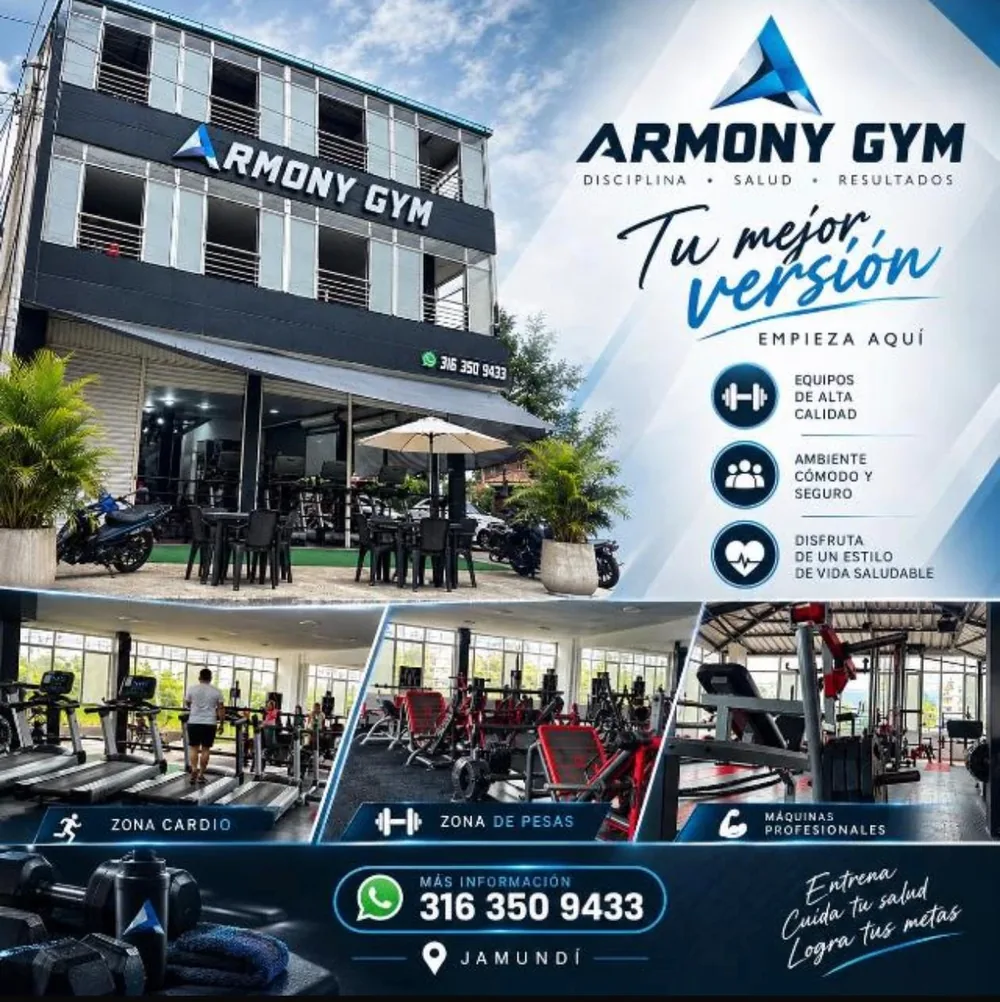 Publicidad de Armony Gym: fachada, zonas y WhatsApp